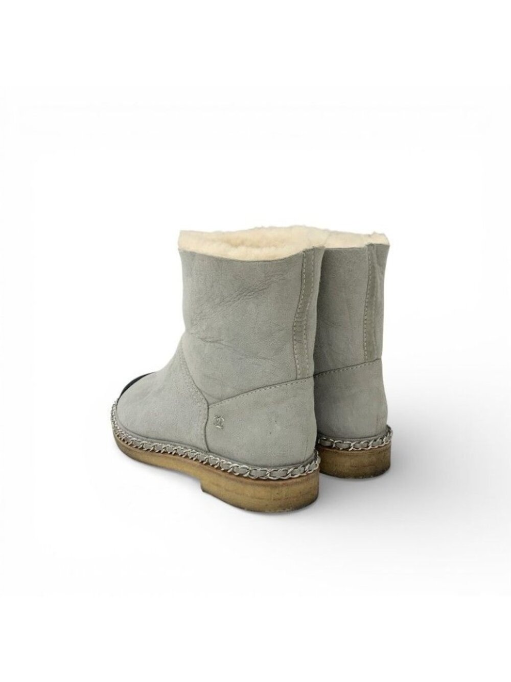 Chanel Boots Short Shoes Suede Fabric Light Gray Black CC Logo Chain Shearling - Picture 4 of 10